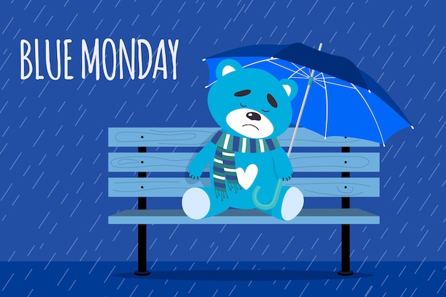 Sad cute bear on blue monday