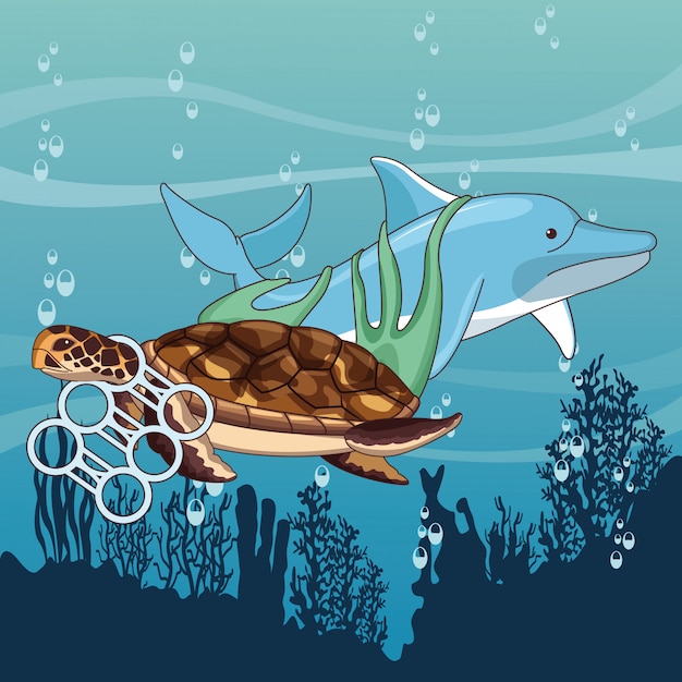 Free vector sad dolphin and turtle stuck