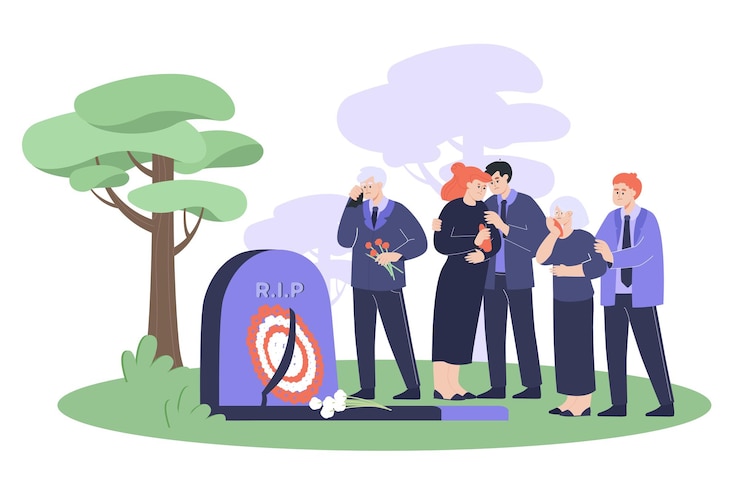 無料Vector 墓石の近くで泣いている喪服の悲しい家族。墓地のフラットベクトルイラストの墓石の横に立っている漫画の人々。葬儀、バナー、ウェブサイトのデザインまたはランディングページの死の概念
