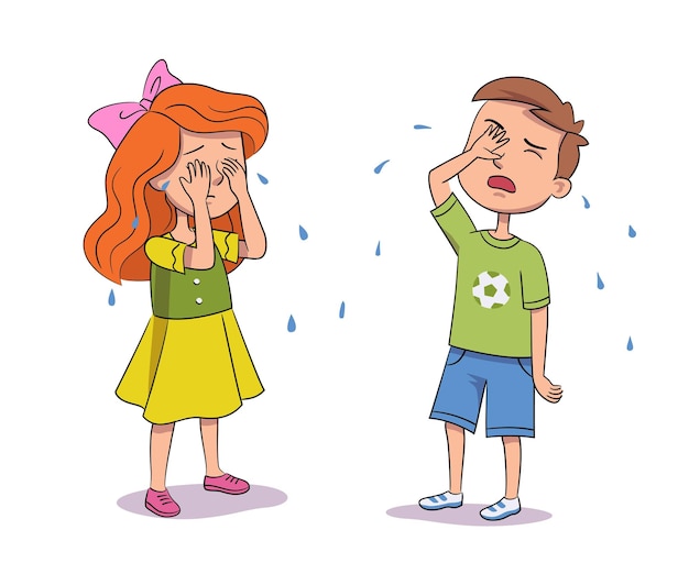 Sad girl and boy crying covering his face with hands Illustration of children gestures emotions types of moods