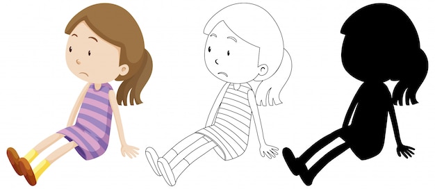 Free vector sad girl with its outline and silhouette