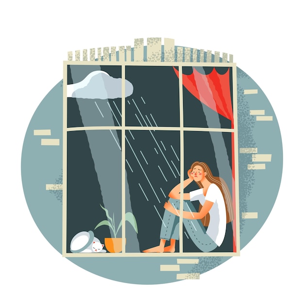 Free vector sad lonely girl sitting at window. young woman alone and depressed illustration. unhappy upset person at home with cat and plant, cloud with rain emotions. loneliness and despair