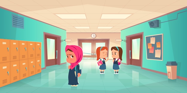 Free vector sad lonely muslim girl in school hallway