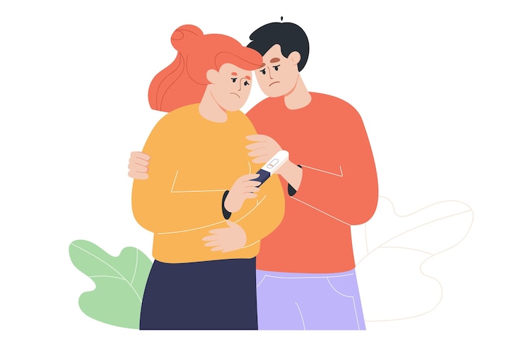 무료 Vector 임신 테스트를 들고 슬픈 남자 포옹 여자입니다. 불임 부부, 문제가 있는 평면 벡터 삽화가 있는 남성 및 여성 캐릭터. 배너, 웹 사이트 디자인 또는 방문 웹 페이지에 대한 다산 개념