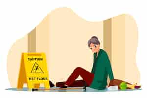 Free vector sad mature senior woman falling down sitting on wet floor front of yellow stop ahead warning sign crumbled from shopping bag food