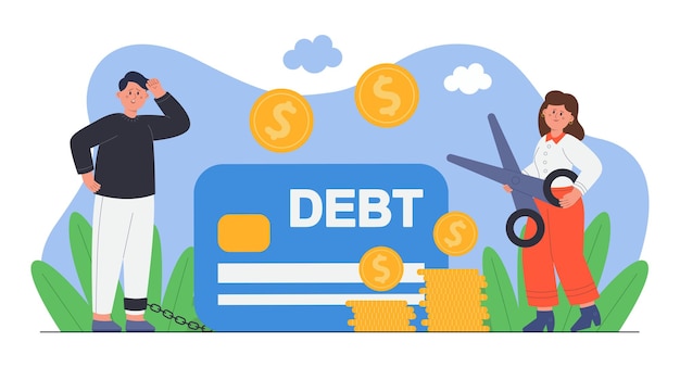 Sad person chained to credit card. Man with high interest debt paying for expenses, bank worker with scissors flat vector illustration. Finances or money, debt concept for banner or landing web page