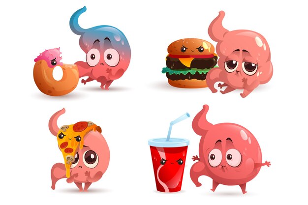 Sad stomach character with fast food human gastric bloating indigestion and stomachache 