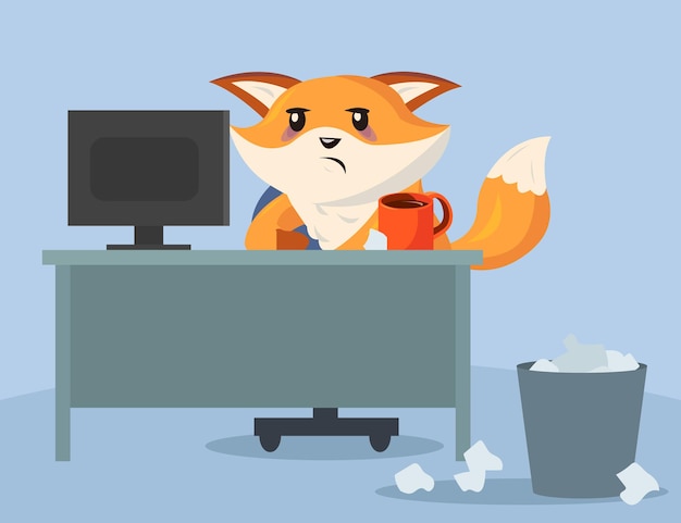 Free vector sad and tired cartoon fox character sitting in office