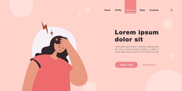 Sad woman suffering from headache landing page in flat style