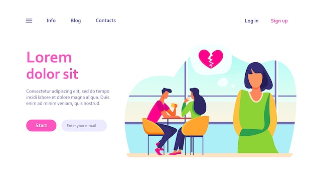 Sad woman with broken heart standing near happy couple. Date, girl, girlfriend. Love and relationship concept for website design or landing web page