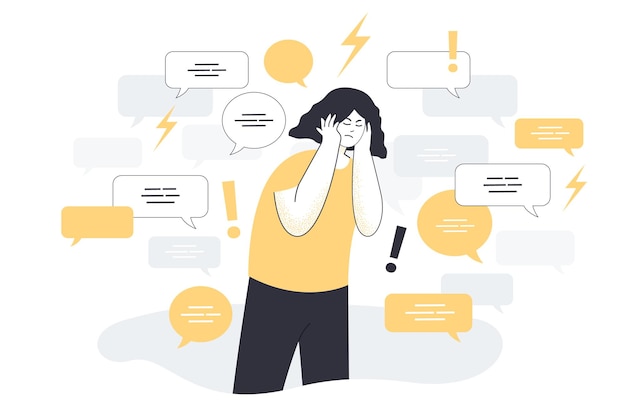 Sad young woman surrounded by speech bubbles covering ears with hands to stop information noise. Social media telling news full of hoax flat vector illustration. Disinformation, advertising concept