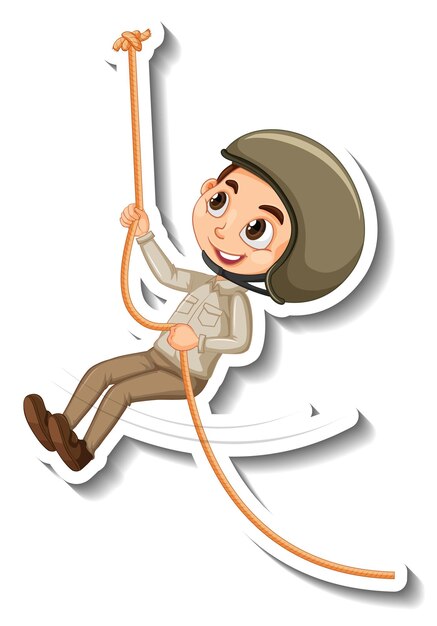 Free vector safari boy hanging on rope cartoon character sticker