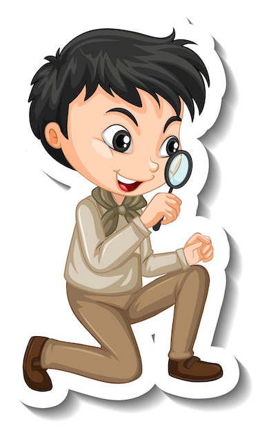 Free vector safari boy using magnifying glass cartoon character sticker