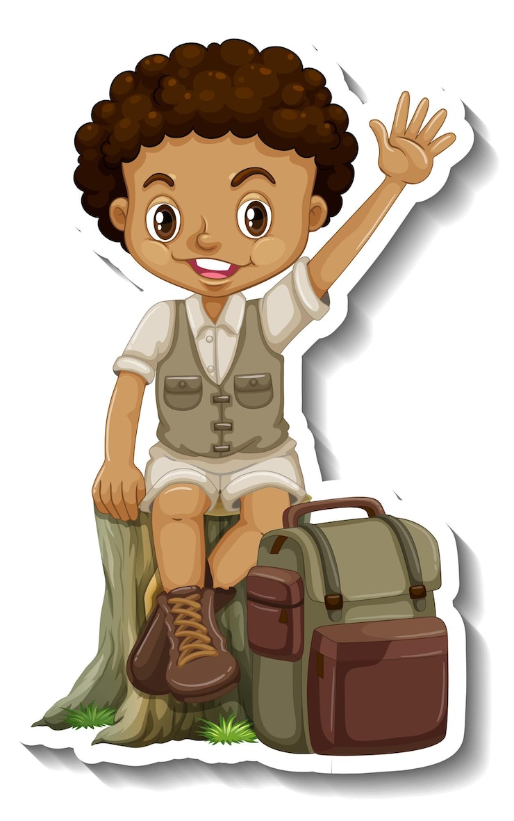 Free Vector safari boy with waving hand pose cartoon character sticker