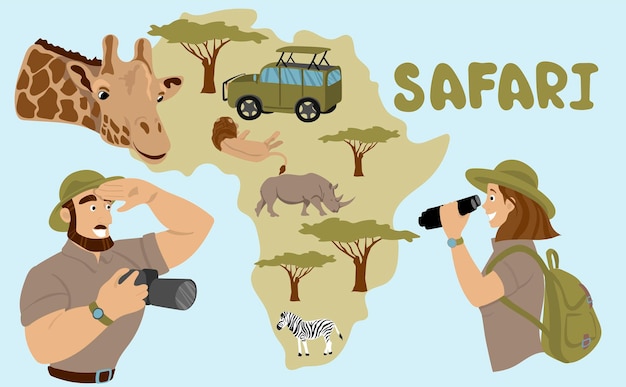 アフリカのサファリバックパックと双眼鏡を持った女の子が野生動物を見るライオンサイシマウマ