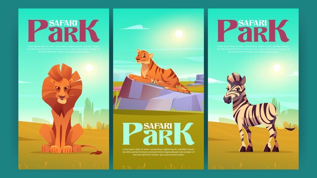 Free vector safari park posters with wild animals tour invite