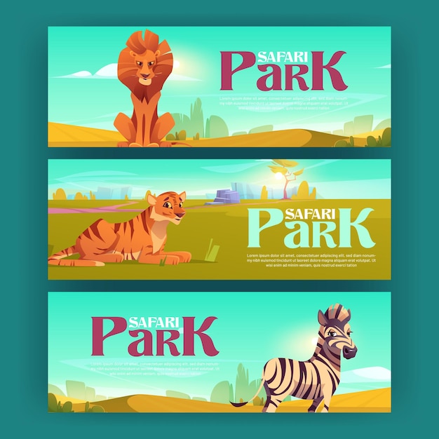 Плакаты сафари-парка с зеброй, тигром и львом