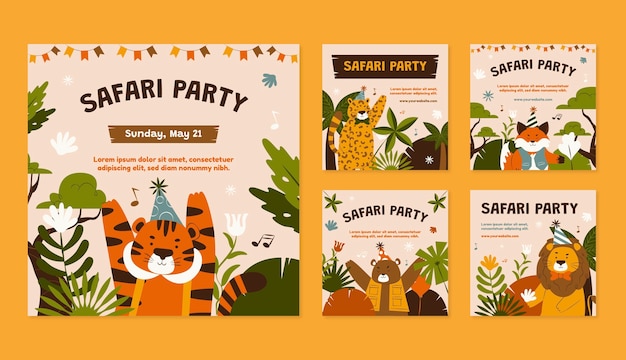 Бесплатное векторное изображение Шаблон постов в instagram для сафари-вечеринки