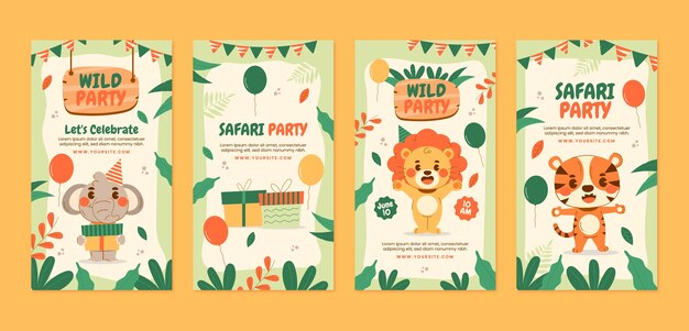 Free vector safari party with wild animals instagram stories collection