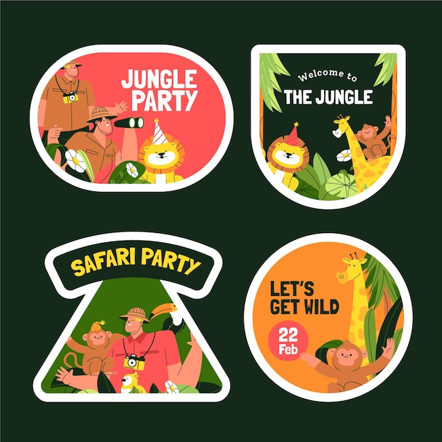 Vettore gratuito safari party con collezione di etichette di animali selvatici