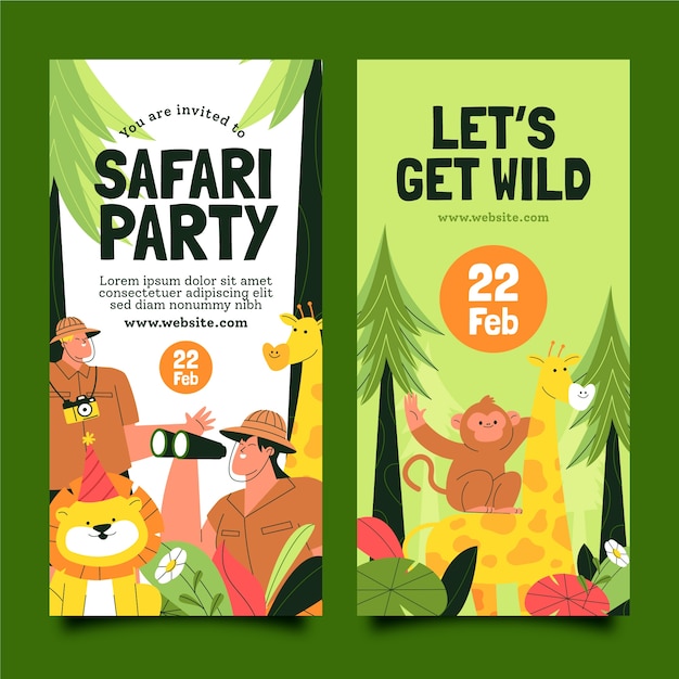 Vettore gratuito safari party con set di striscioni verticali di animali selvatici