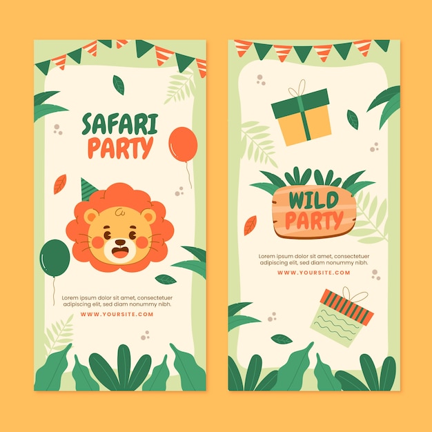 Vettore gratuito safari party con set di striscioni verticali di animali selvatici