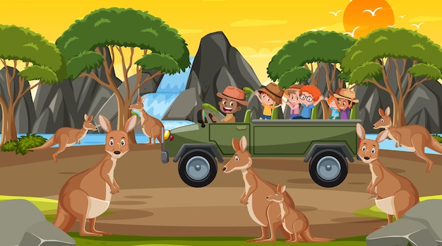 Safari at sunset time scene with children watching kangaroo group