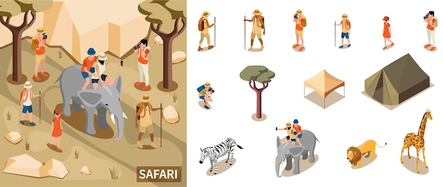 Free vector safari tourist composition with sightseeing and exploration symbols isometric isolated vector illustration