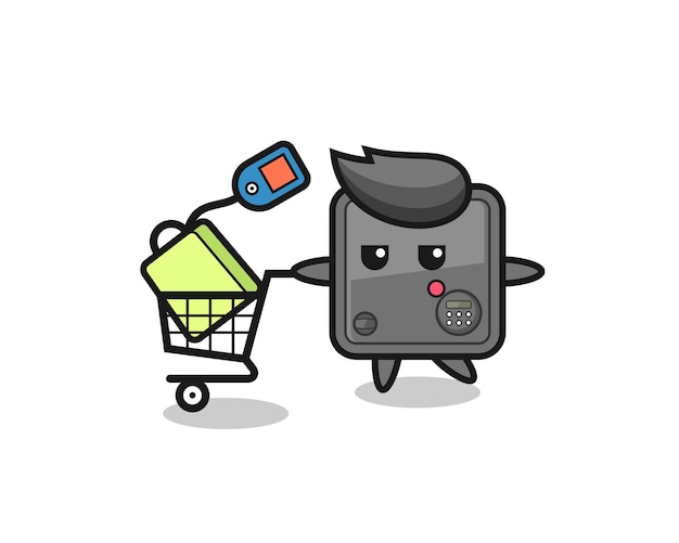 Safe box illustration cartoon with a shopping cart Premium Vector