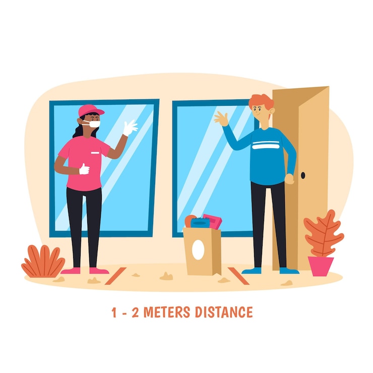 Free Vector safe food delivery people keeping proper distance