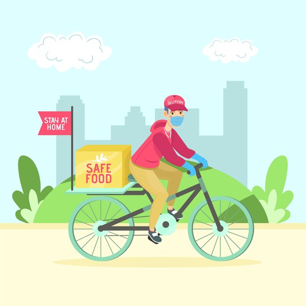 자전거를 탄 사람과 안전한 음식 배달