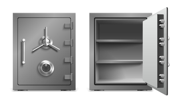 Free vector safe lockers doors composition with banking symbols realistic isolated vector illustration