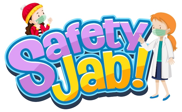 Free vector safety jab font with cartoon character wear medical mask