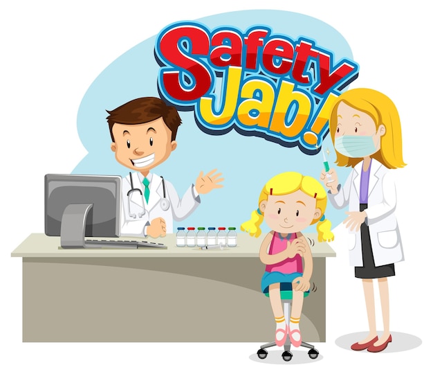 Free vector safety jab font with a girl get vaccine injection shot and doctor cartoon character