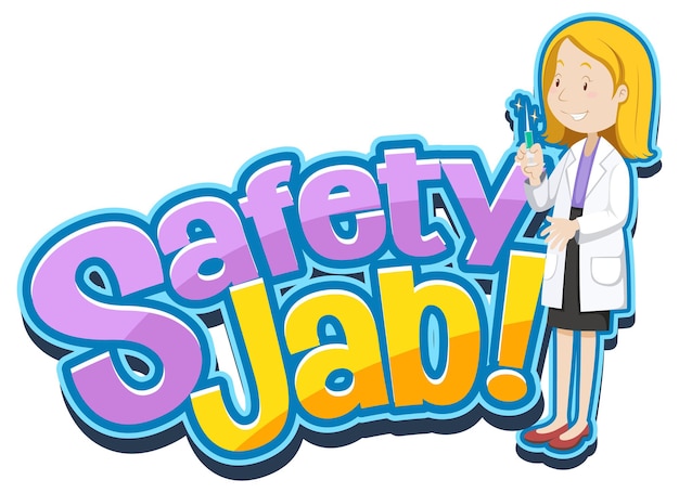 Safety Jab font with a male doctor wears medical mask cartoon character