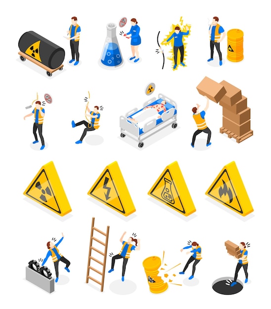 Free vector safety precaution at workplace isometric icons set isolated vector illustration