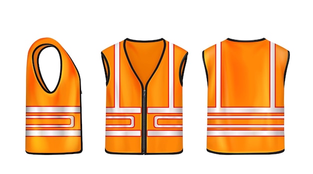 Safety vest front side and back view orange sleeveless jacket with reflective stripes for road works