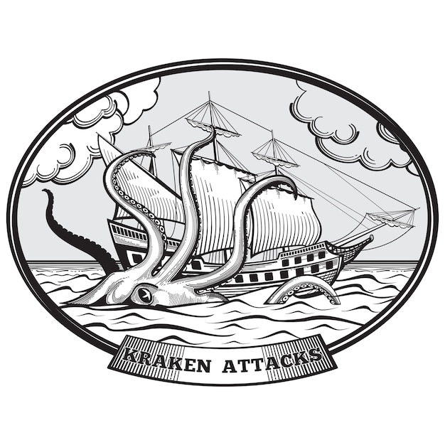 Sailing ship and Kraken monster octopus emblem hand drawn style. Tentacle ocean, nature giant, vector illustration