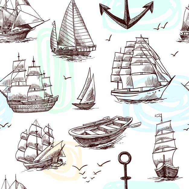 Free vector sailing tall ships frigates brigantine clipper yachts and boat sketch seamless pattern vector illustration