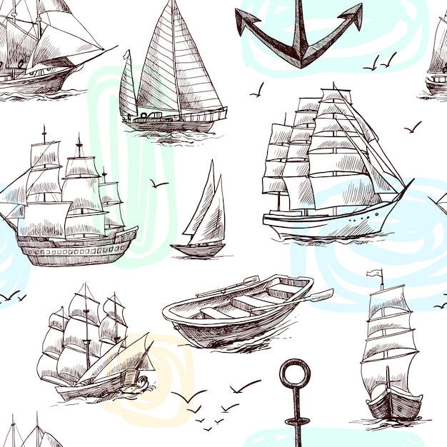 Free vector sailing tall ships frigates brigantine clipper yachts and boat sketch seamless pattern vector illustration