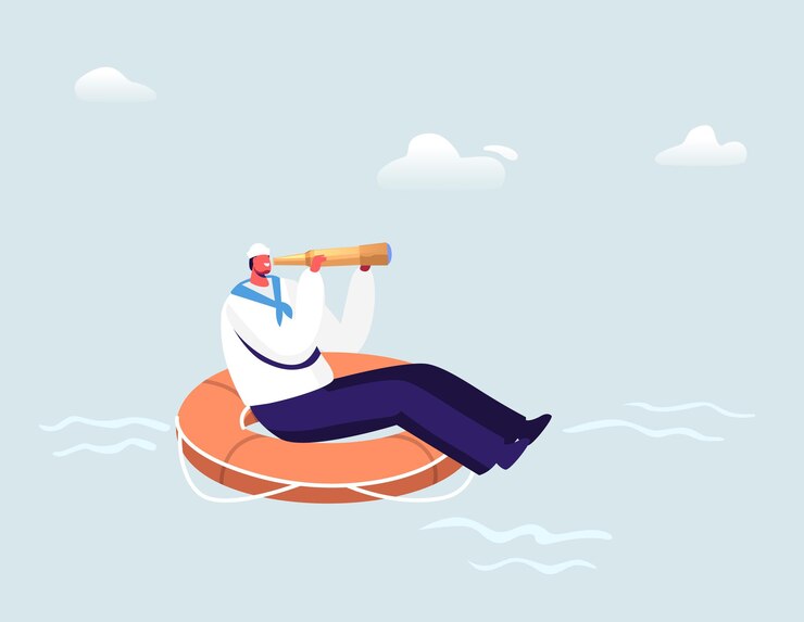 Free Vector sailor floating on huge life buoy looking far in spyglass in ocean