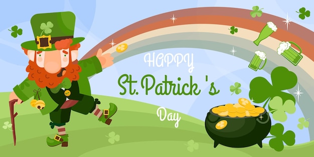 Saint patrick's day card with flat leprechaun with coins in pot