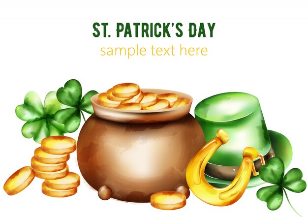 Saint Patrick's Day watercolor ceramic pot with gold coins. Green hat, shamrock and horseshoe