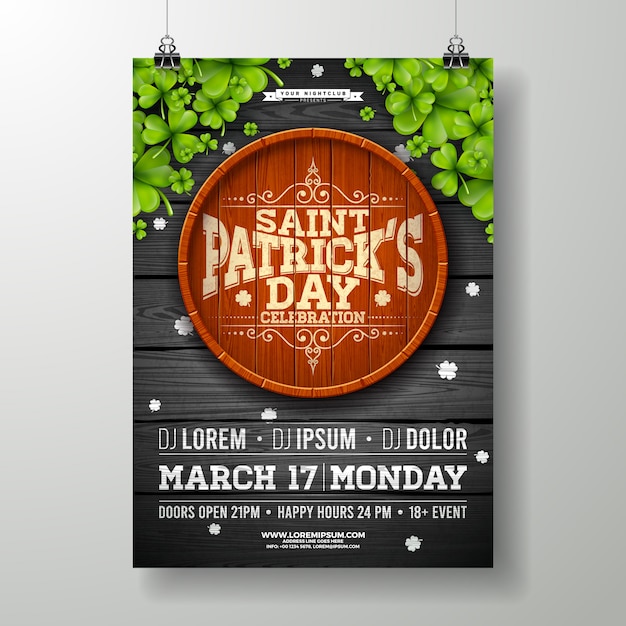 Free vector saint patricks day celebration party flyer illustration with clover and typography letter on vintage wood background.