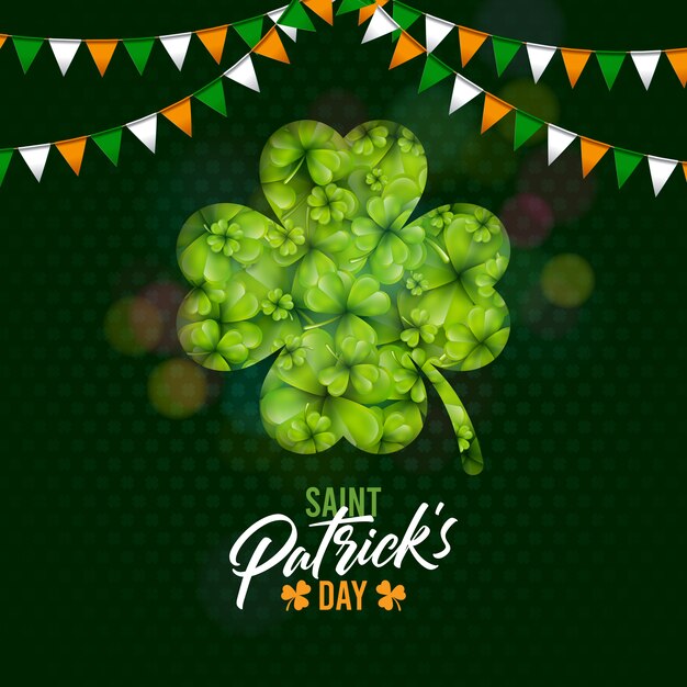 Saint Patricks Day Design with Shamrock and Flag on Green Clover Background. Irish Beer Festival Celebration Holiday Illustration for Greeting Card