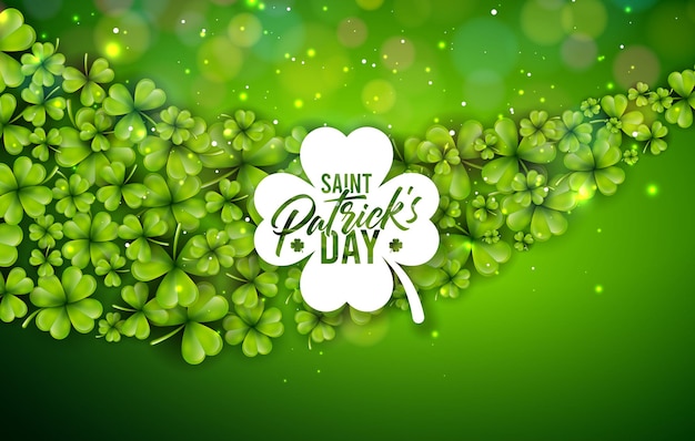 Иллюстрация Дня Святого Патрика с летающими листьями клевера и типографским письмом на зеленом фоне