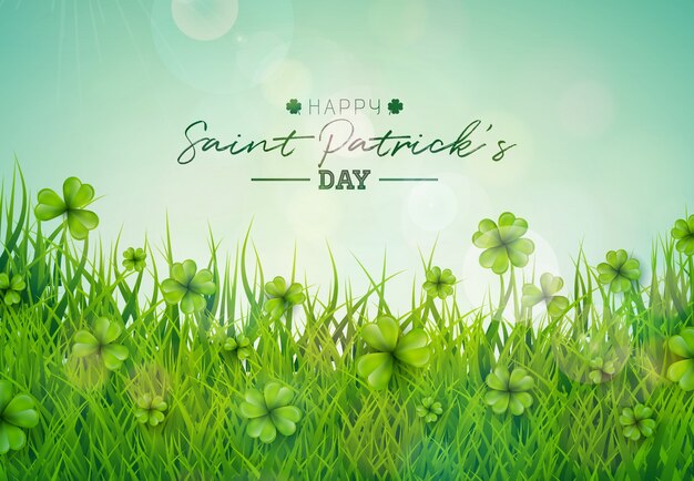Saint patricks day illustration with green clovers field on blue sky background.