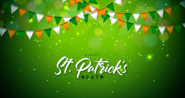 빛나는 녹색 배경에 아일랜드 국가 색 파티 플래그와 함께 성 패트릭의 날 그림