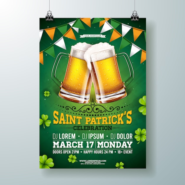 Free vector saint patricks day party flyer illustration with beer, flag and clover on green background.