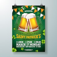 Saint patricks day party flyer illustration with beer, flag and clover on green background.